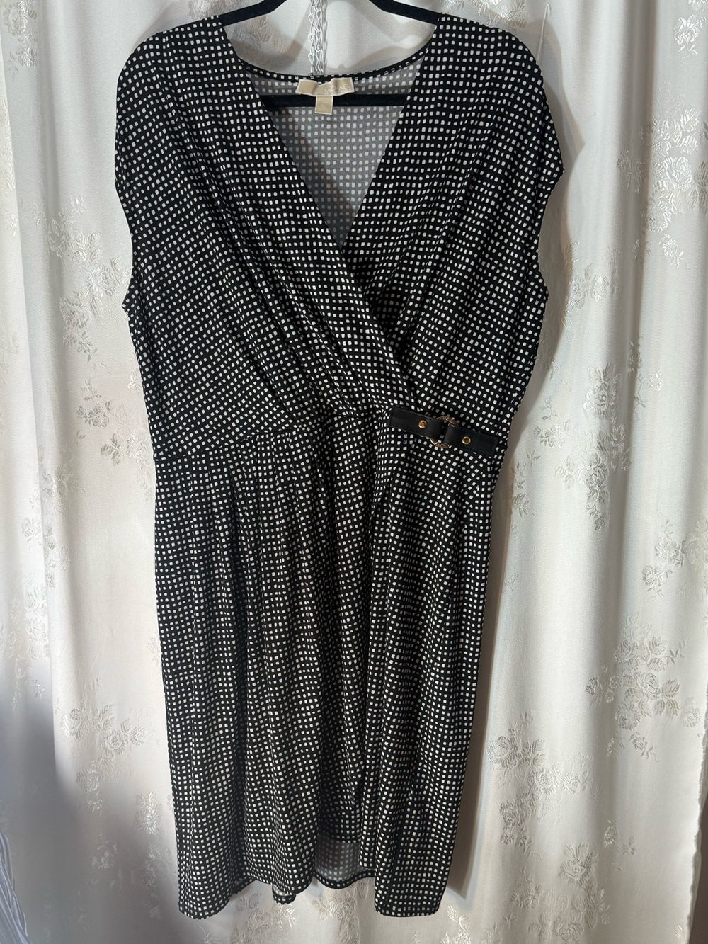 Michael Kors Black and White Checker Midi Wrap Dress